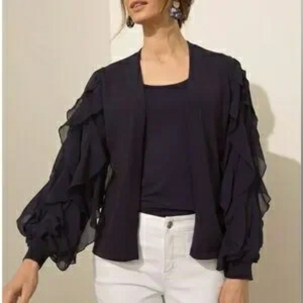 Chico's Navy Blue Ruffle Sleeve Cardigan Size 1 Chiffon